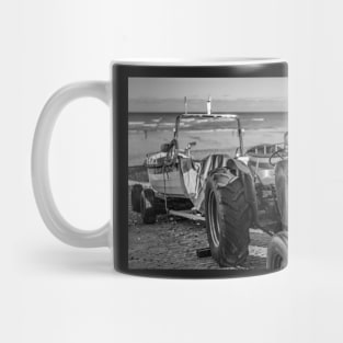 Tractor towing a crab boat on Cromer beach Mug